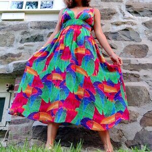 Farm Rio Vibrant Toucans Sleeveless V-Neck Silk Dress